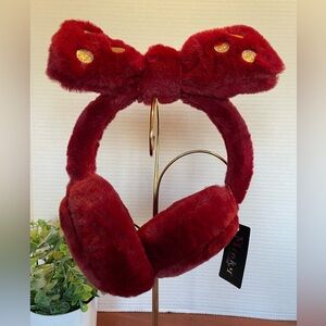 Earmuffs, Burgundy With A Bow On Top That Has Golden Glitter Polka Dots. NWT